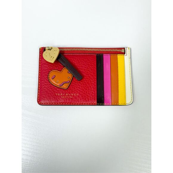 Tory Burch Perry Patchwork Hearts Card Case Zip Wallet ID - Picture 1 of 7